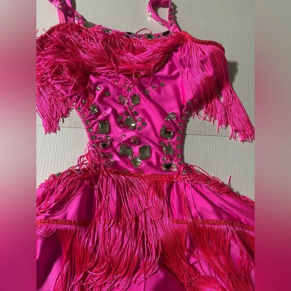 Pumpers solo Custom hot pink fringe dance costume leotard SA-Small adult